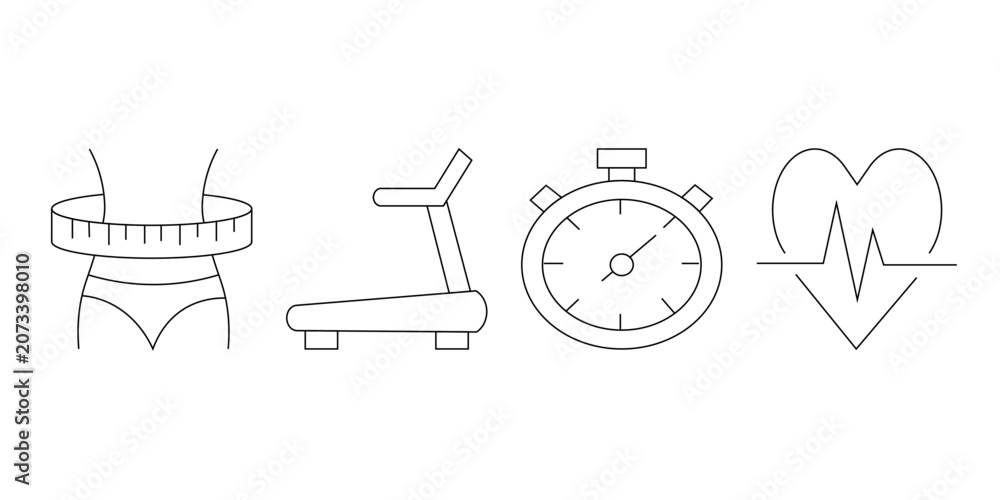 Fototapeta premium Fitness outline icons featuring waist measurement, treadmill, stopwatch, and heart monitoring.