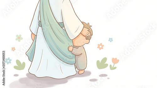 Jesus Walking Beside a Child Holding His Robe With Trust