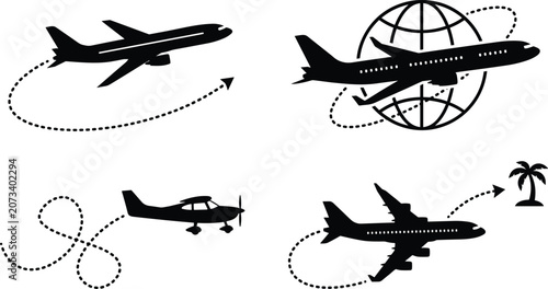 Cuadro en lienzo Global Travel and Tropical Vacation Airplane Icon Set with Passenger Jets Propel