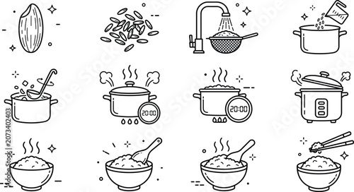 Foto Rice cooking instructions and preparation line icon set with boiling pots rice c