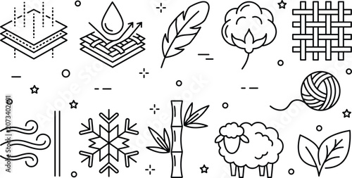 Textile materials and fabric properties line icon set with breathable waterproof cotton wool and bamboo elements