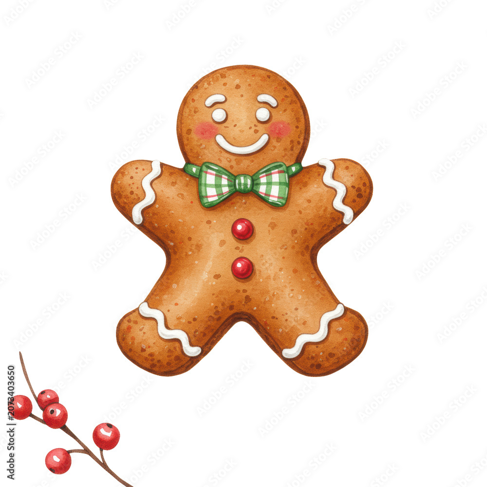 Naklejka premium Award-winning watercolor illustration of a cheerful gingerbread man cookie with icing and a red/green bow tie, framed by delicate holly on a white background, christmas holiday sweets concept