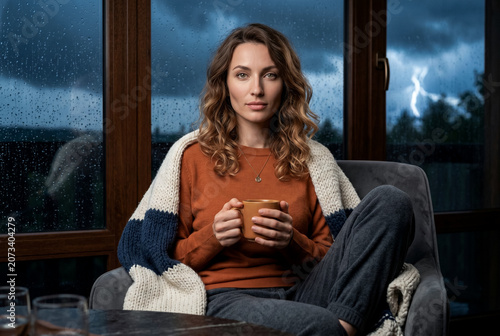 An identity portrait of a 28-year-old Eastern European woman looking into the camera lens, holding a ceramic mug in a cozy home environment with Rembrandt lighting and rain droplets.
