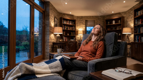 A wide environmental cinematic shot of a woman leaning her head back against her plush armchair cushion, her face relaxed with a content smile as the storm outside concludes.

