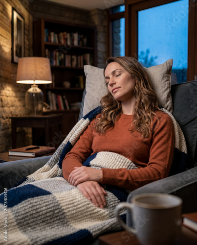 A medium observational shot of a woman who has fallen asleep in her deep velvet armchair, her head tilted slightly to the side against a soft linen pillow as night falls.
