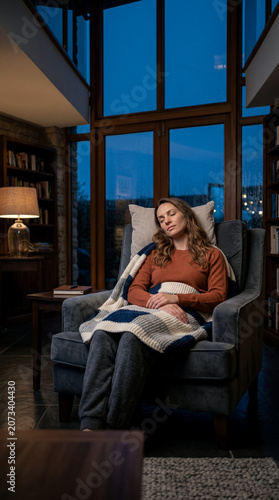 A cinematic wide environmental shot of a woman resting deeply in her velvet armchair inside a double-height room as calm twilight embraces the large architectural window frames.
