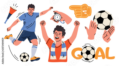 Set of flat cartoon football illustrations. Vector stickers for creating designs for matches, competitions, championships, leagues. Football player, fan, goal, hands, football equipment, whistle, ball