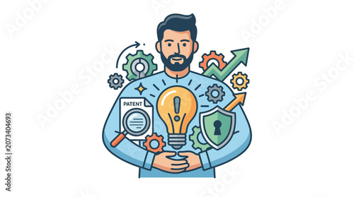 Canvas Print A man holding a lightbulb with intellectual property protection symbols around h