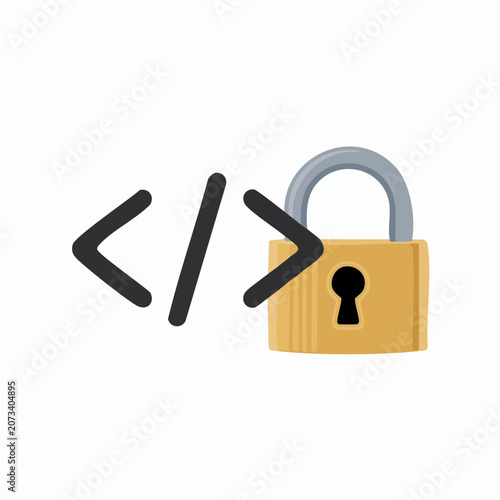 A digital illustration of a yellow padlock securing code symbols.