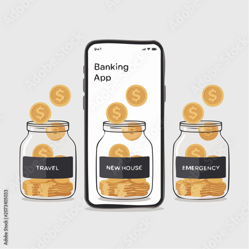Mobile banking app on smartphone screen displays savings jars for travel, new house, and emergency fund with coins pouring in, illustrating financial management and planning.