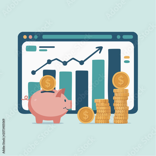 A digital illustration of a pink piggy bank with coins and a rising graph on a computer screen displaying financial growth.