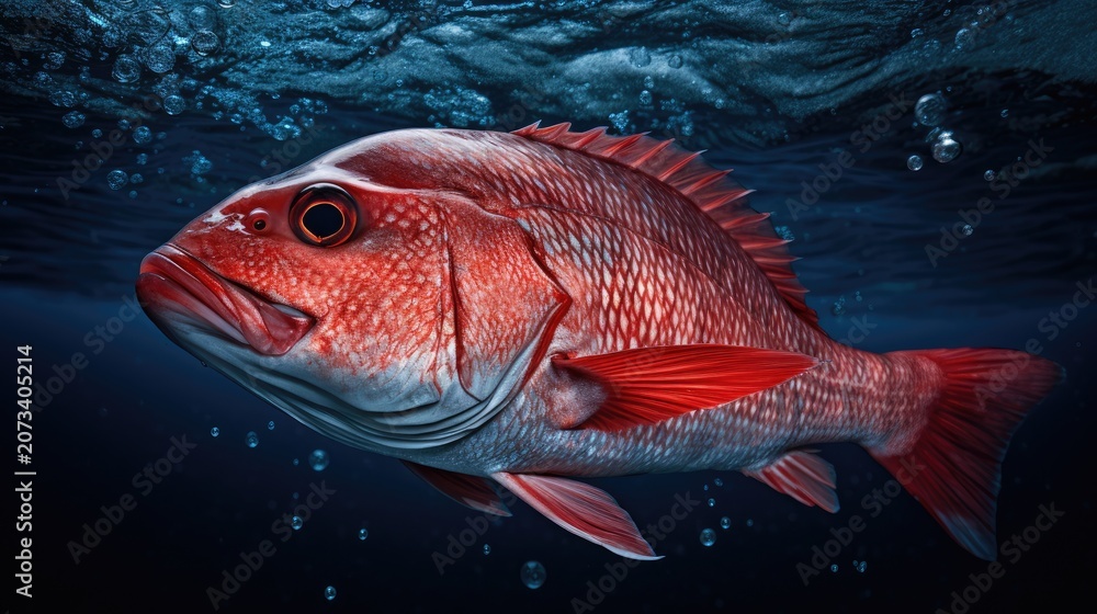 Fototapeta premium Vibrant red fish swimming underwater with bubbles