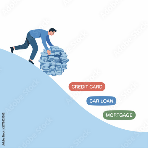 A man struggles to push a large stack of money up a steep hill with credit card, car loan, and mortgage labels nearby, symbolizing financial burden and debt management.