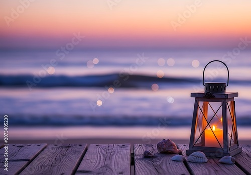 Weathered boardwalk with glowing lantern and seashells at purple dusk kind8dc1v