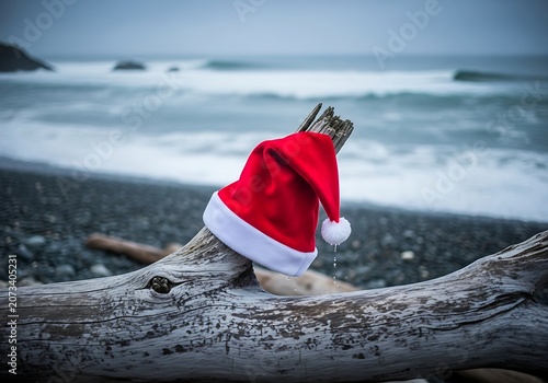 Red festive holiday hat rests on weathered driftwood along misty shore