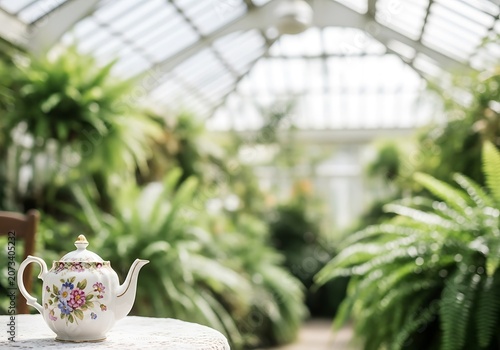 Vintage floral teapot on white table in sunlit conservatory hdo4aejh4