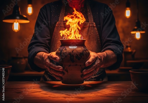 Close up of craftsman hands holding flaming clay pot hu1y2mtcc