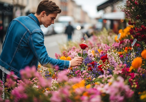 Young man choosing red rose from colorful flower stall 1yrz4k686