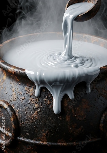 Ethereal bubbling liquid poured into weathered rustic iron cauldron 2kt1th5s9