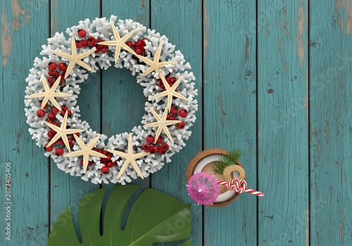 Overhead tropical coral wreath with starfish and coconut on blue