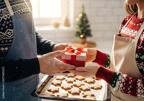 Extreme close up hands exchanging red gift box over festive cookies z1gts6354