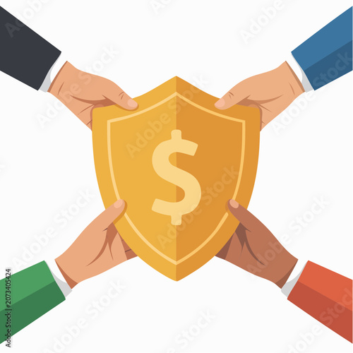 Four diverse hands holding a gold shield with a dollar sign symbol in a collaborative financial protection scene with teamwork and security.