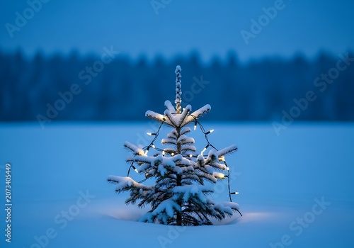 Solitary lit spruce in snow covered landscape during blue hour olphl4c5y