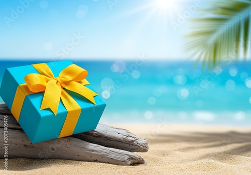 Vibrant cyan gift box on sunlit driftwood 9aauta4fc with tropical backdrop