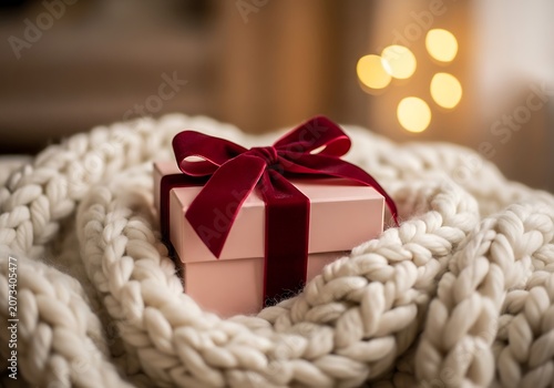 Pink gift box with velvet ribbon on chunky blanket 7x6f9lszw