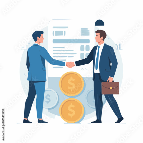 Two businessmen shaking hands over money and documents in an office