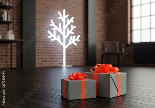 Foreground focus on grey holiday presents against glowing tree light