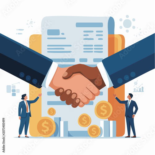 Businessmen shaking hands over a financial document with money and graphs in an office.