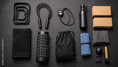 Black and gray fitness equipment laid out on a dark background including yoga blocks and a jump rope