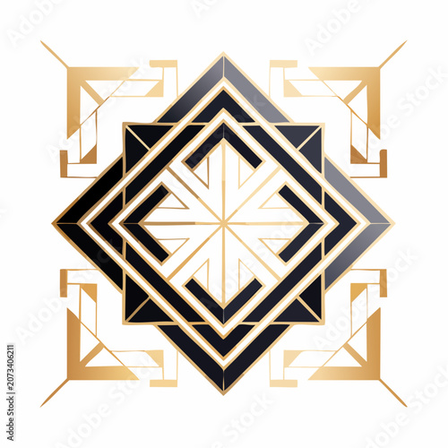 Geometric pattern of black, gold, and white shapes forms an intricate design on a white surface with symmetrical lines and angles.