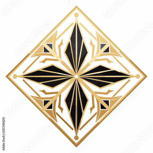 An intricate golden and black snowflake design is centered within a diamond shaped frame on a white background.
