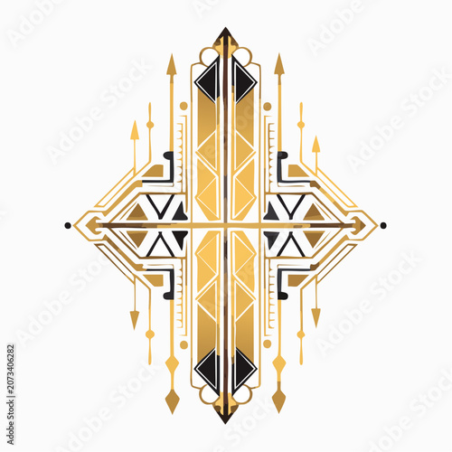 An ornate gold and black geometric pattern featuring arrows and triangles in a symmetrical design on a white background.