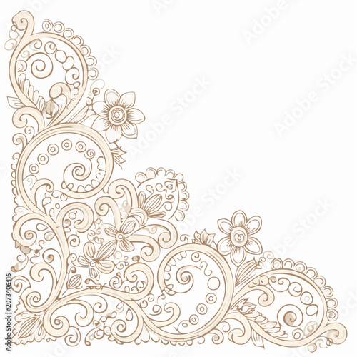 An intricate floral design with swirling patterns and flowers occupies a corner of a white space.