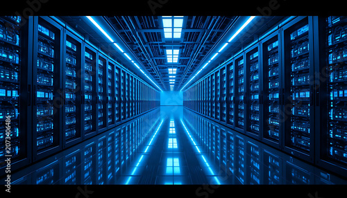 Dark server room illuminated by vibrant blue lights creating a futuristic digital corridor data center