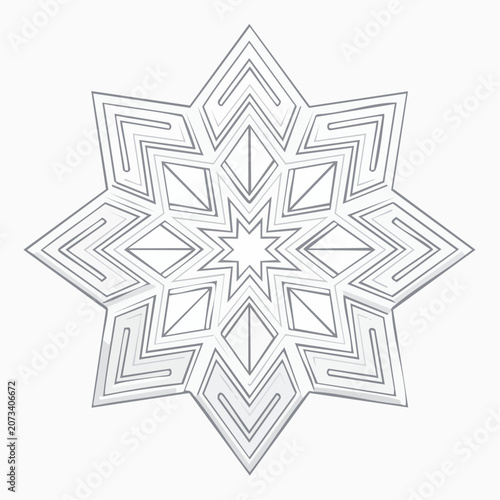 The intricate design of a geometric snowflake pattern unfolds in a symmetrical illustration.