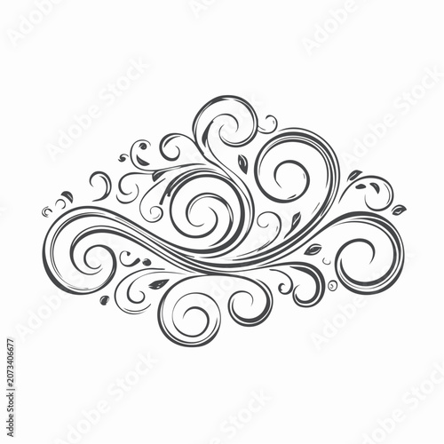An intricate black and white illustration of swirling shapes and leaves forming a decorative pattern on a plain background.