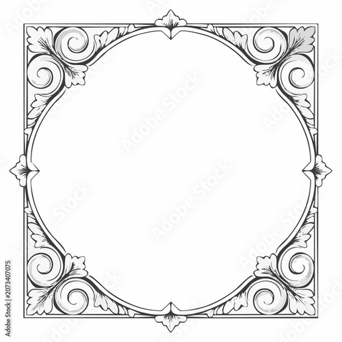 An intricate illustration of a square frame with a circular center and ornate swirls and leaves decorating the border is presented.