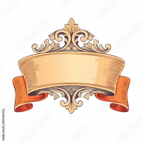 An ornate illustration of a golden scroll banner with intricate designs and orange ribbons on a white background