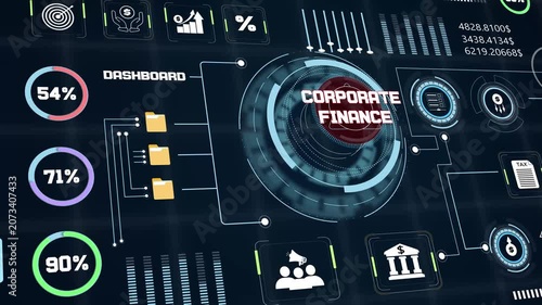 Corporate finance dashboard interface animation with digital charts showing financial business statistics and data analysis