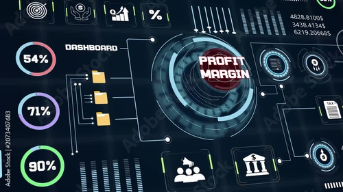 Profit margin analysis screen showing corporate financial statistics with digital graphics and commercial data animation