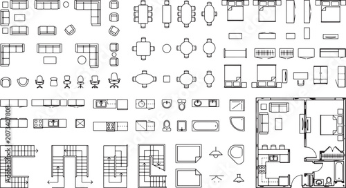 Architectural floor plan furniture symbols set including sofas tables beds stairs and kitchen appliances in vector format
