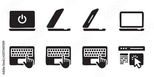 Collection of laptop icons and computer screen interactions, modern technology symbols.