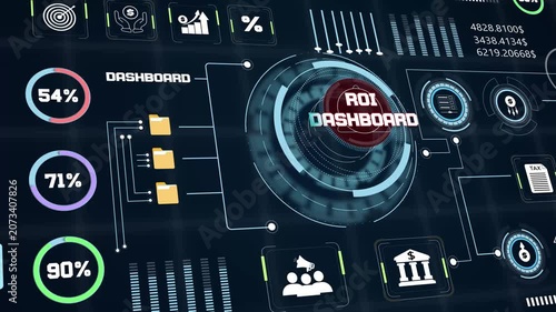 Business screen displaying corporate roi analytics data info with glowing percentage charts and strategic planning animation