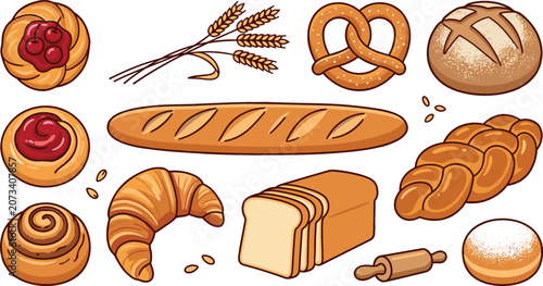 Konstfotografi Bakery bread vector vector collection featuring fresh baguette croissant pretzel