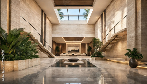 Grand Interior Lobby with Marble Stairs Water Feature and Skylight graphic