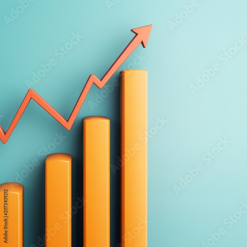 3D isometric orange bar chart with rising trend arrow on soft blue background, representing financial growth and business success, Growth, Finance